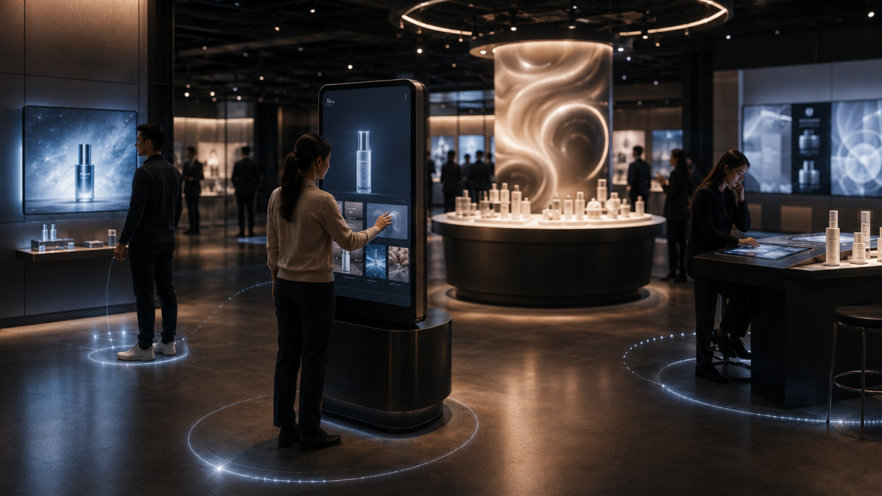AI-powered product launch experience with interactive skincare displays